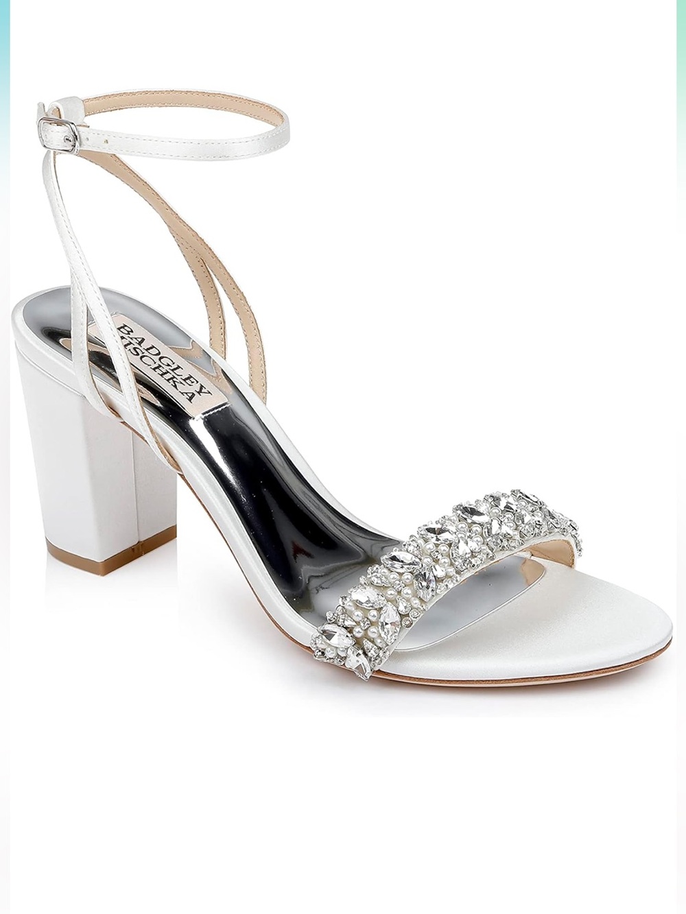 Badgley Mischka Nadine Crystal Satin Block Heel Sandals White 8.5 Bridal Chic